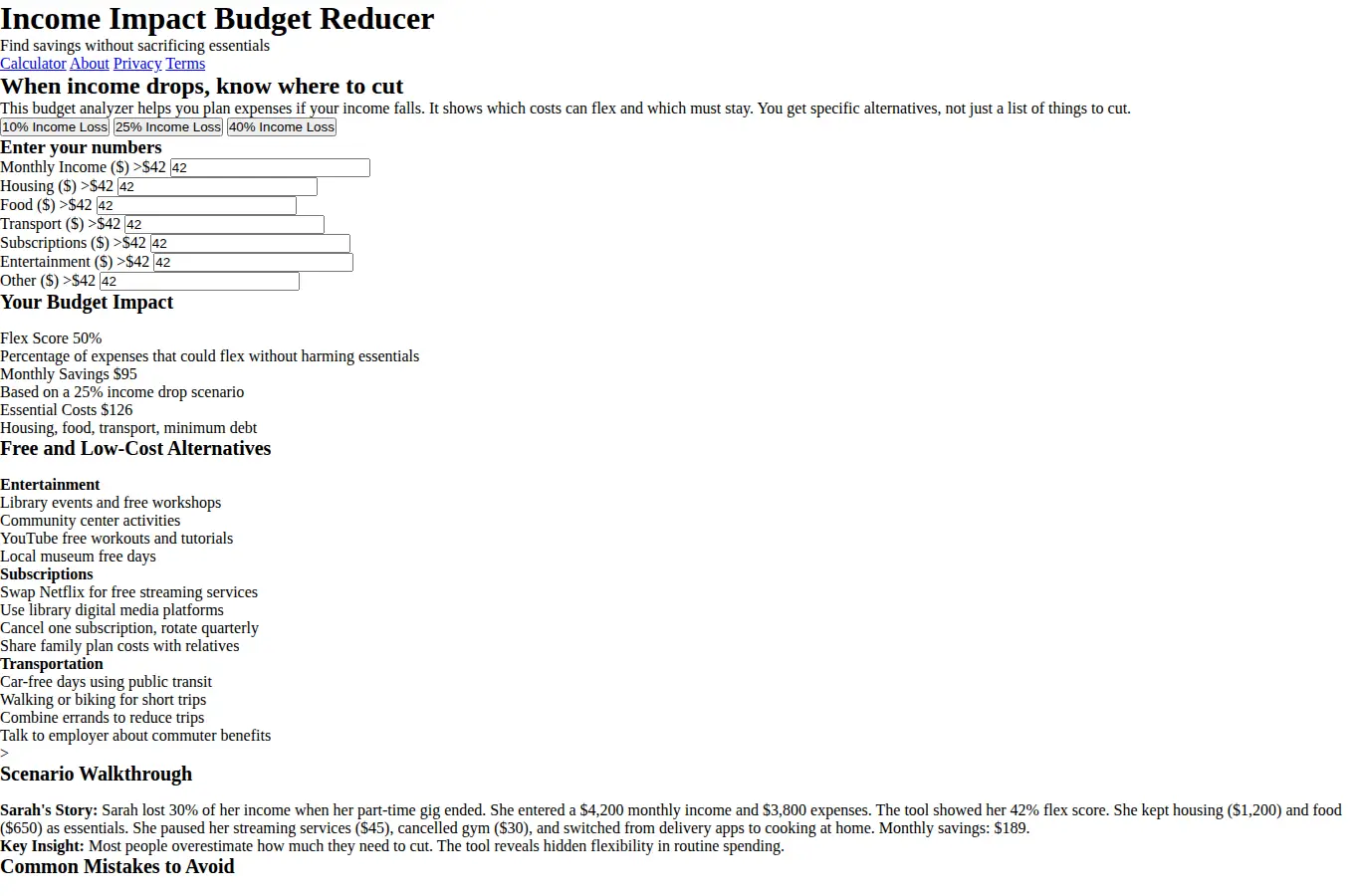 Screenshot of Income Impact Budget Reducer interface showing the project page in use